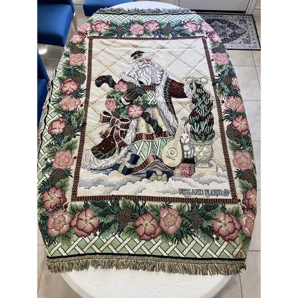 VTG Fitz And Floyd Santa Throw Woven Cotton Fringed Reverse Weave 67” x 52” - Picture 3 of 16